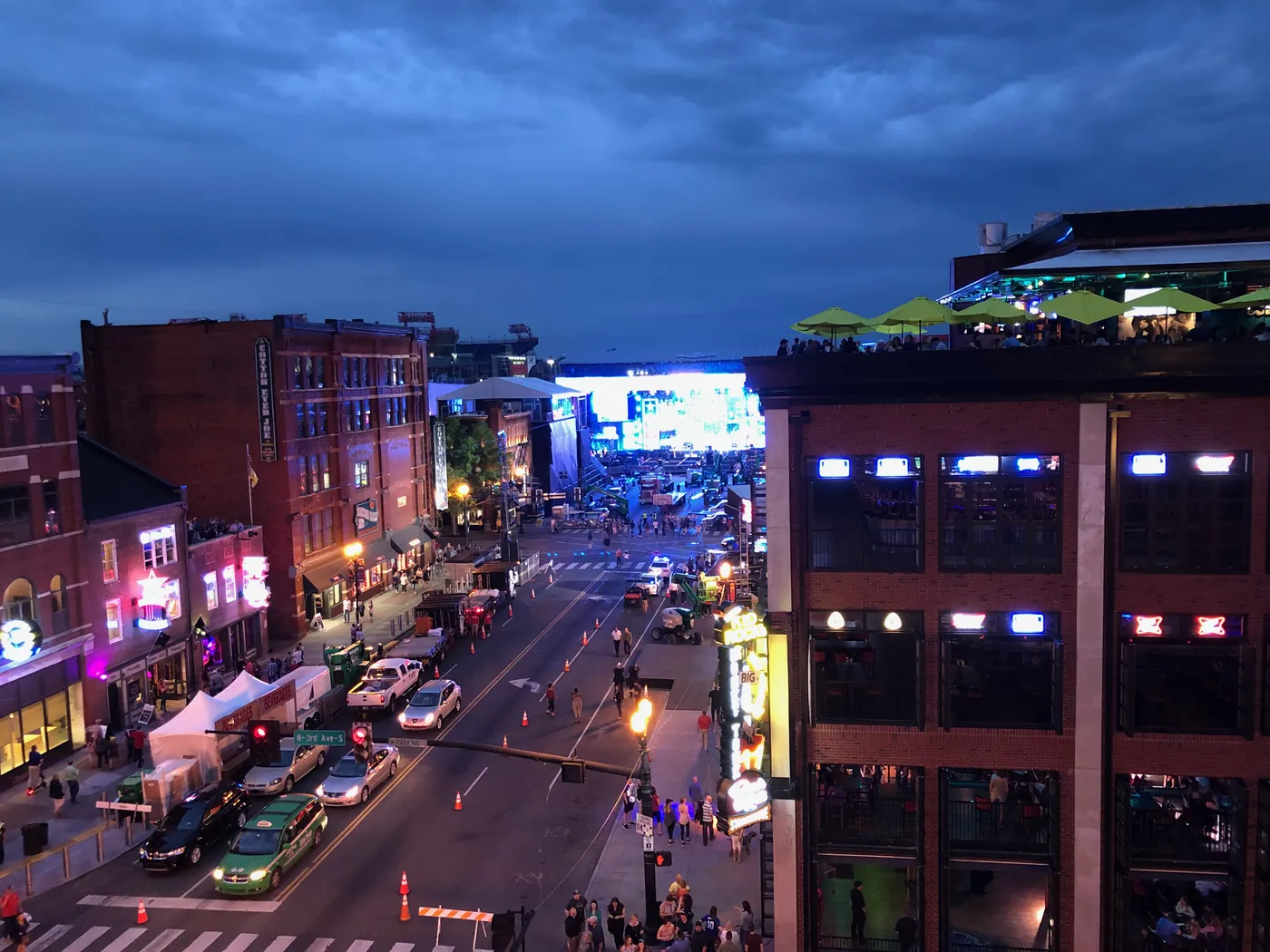 Lower Broadway neon signs seen from a rooftop