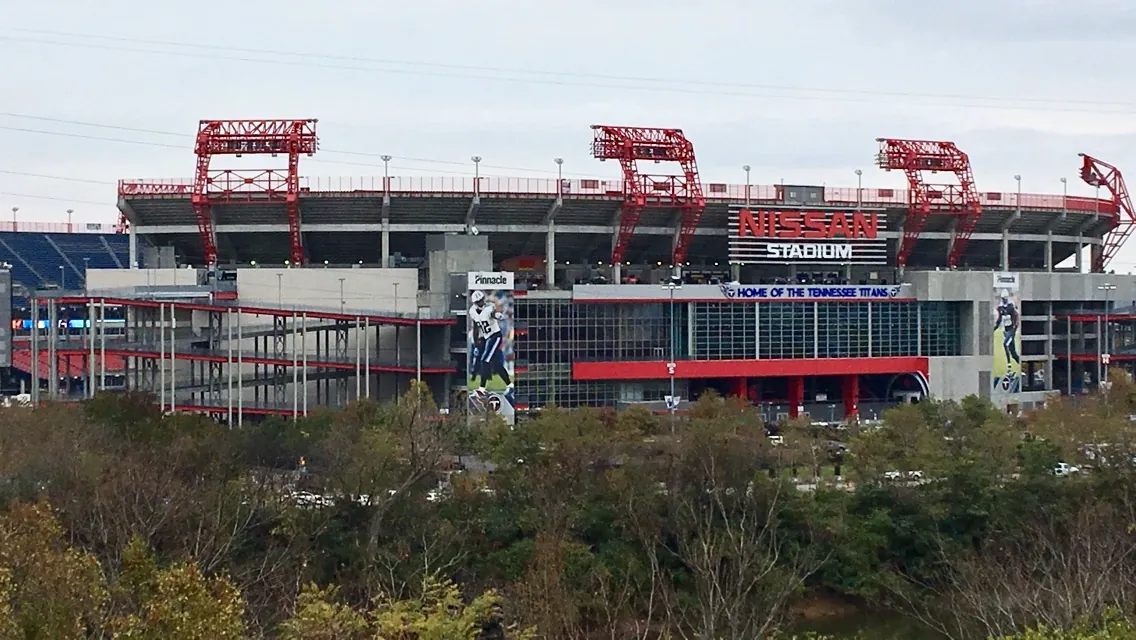 Nissan Stadium on the east bank of the Cumberland River